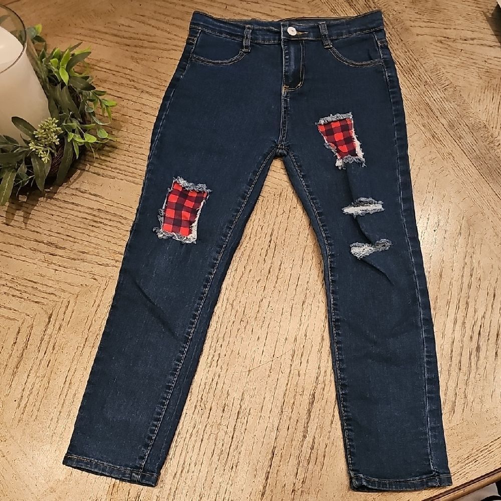 Stylish Blue Jeans with Red Plaid Distressed Accents Size 7/8